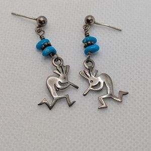 Silver Kokopelli Earrings with Blue Accents